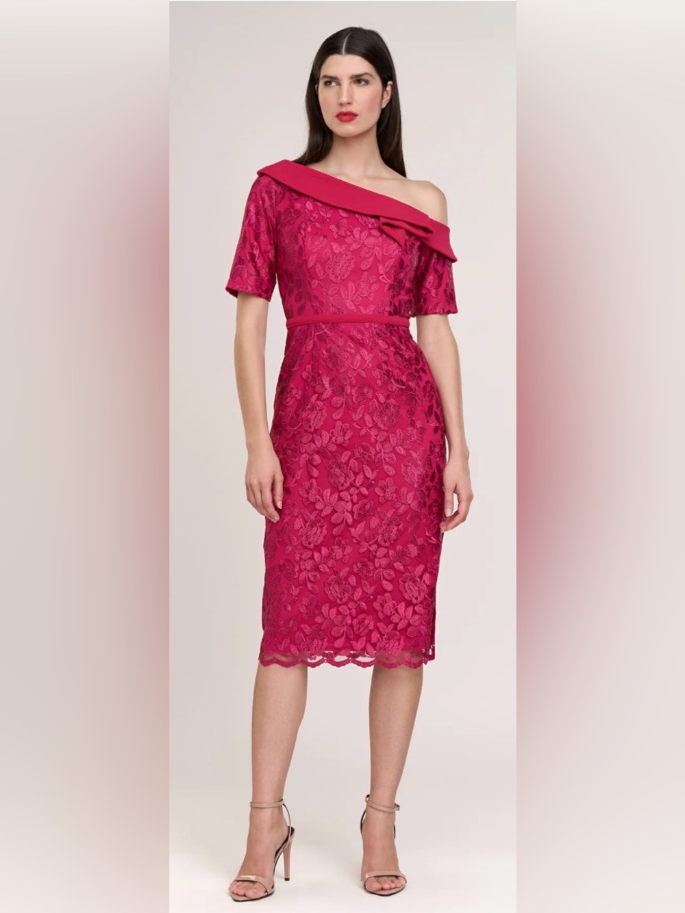 JS Collections, Fay Asymmetric Cocktail Sheath, Cerise, Sz 4